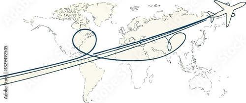 Dynamic global travel illustration with an airplane tracing a singular, continuous flight path across the world map, highlighting interconnected journeys and worldwide exploration