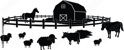 Farm Animals and Barn Silhouette Set with Horse, Cow, Sheep, and Fence, Black Vector Collection for Agriculture and Rural Scene Design