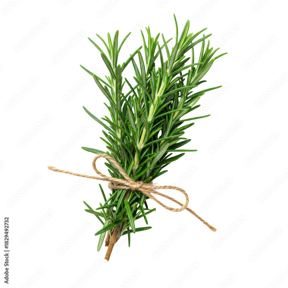 Fototapeta premium Fresh, vibrant, dewy rosemary sprigs, deep green, tied with jute twine, on a transparent background with copy space, top-down studio shot, high-key light, concept of culinary freshness and purity