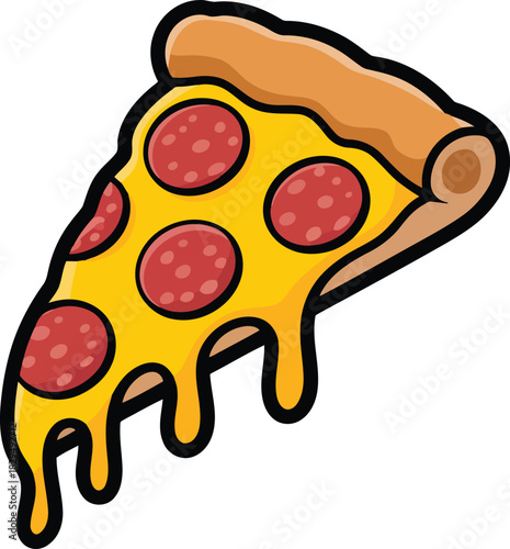 A savory cartoon pizza slice with pepperoni and deliciously melting cheese on a white background