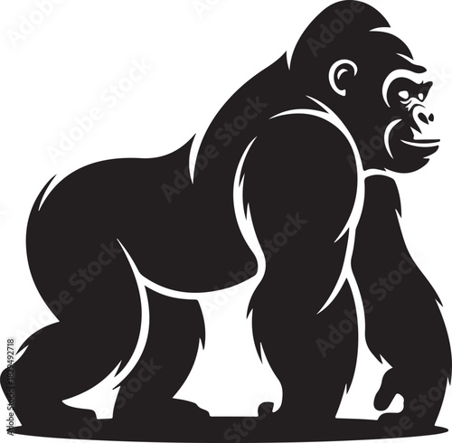 Powerful gorilla in black silhouette illustration on white background