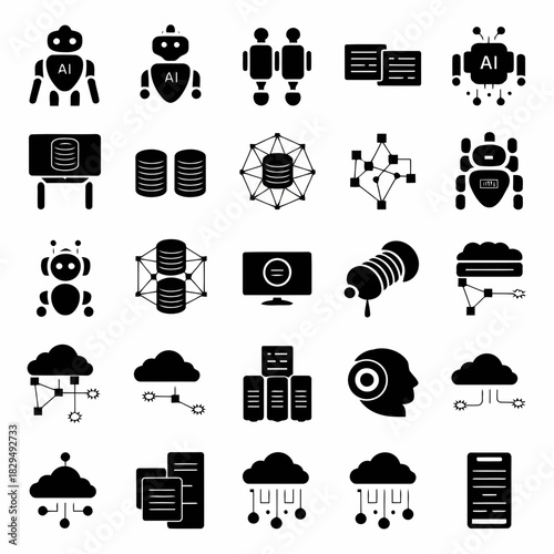 Set of black icons representing artificial intelligence, robotics, cloud computing, and data processing concepts