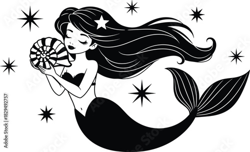 Mermaid silhouette vector illustration gently holding a nautilus shell, celestial scene with starbursts, mystical ocean fantasy creature graphic for print and apparel design