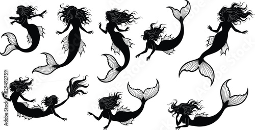 Mermaid silhouette vector collection, detailed mythical female creatures with flowing hair and unique tails, fantasy ocean life graphic illustration set, scalable asset