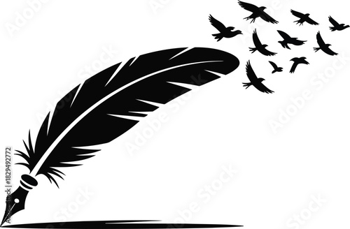 A striking black silhouette of a historical writing quill where numerous birds are taking off