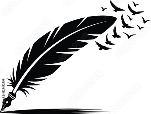 A striking black silhouette of a traditional quill pen with small birds flying upwards from its tip