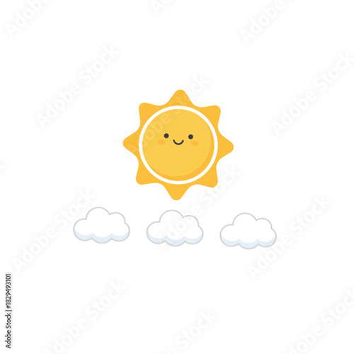 Cute cartoon sun with happy face and three dark clouds on background