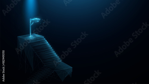 Staircase up with a flag. Digital success. Business success. Polygonal and wireframe glowing style