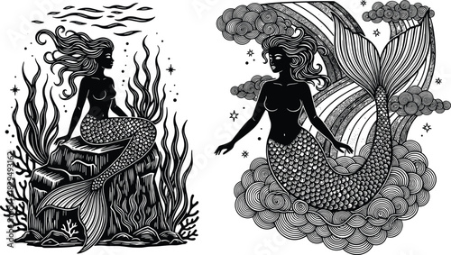 Mermaid vector illustration set in detailed black and white etching style, fantasy ocean art with flowing hair, rainbow, and seaweed, mystical tattoo graphic design asset