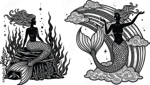 Mermaid vector illustration set in detailed black and white etching style, fantasy ocean art with scales, rainbow, clouds, and underwater seaweed, tattoo design graphic