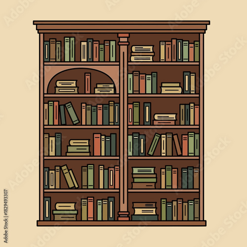 A bookcase filled with books on multiple shelves with a central pillar.