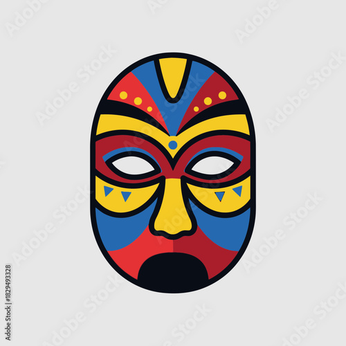 Colorful mask with geometric shapes and stylized facial features.