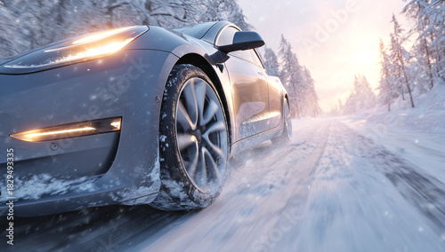 Tesla Model 3 Driving Through Snowy Winter Landscape at Sunrise.