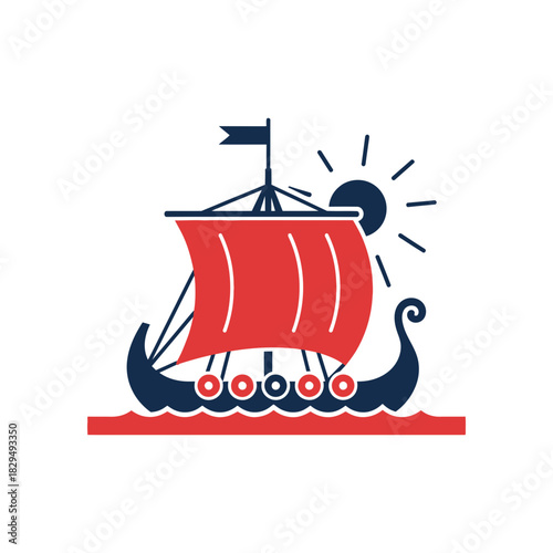 Viking ship with red sail and shields sailing near sun.