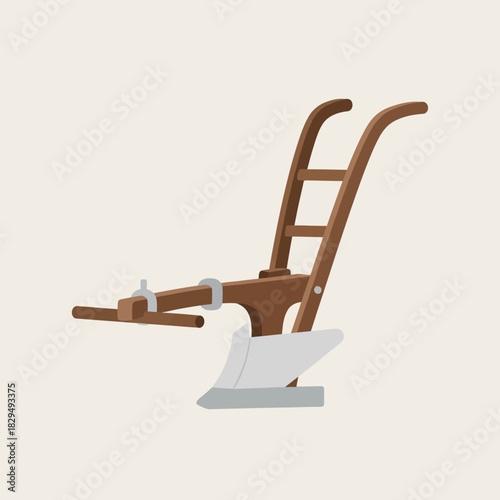 Brown wooden plow with gray metal blade and handle.