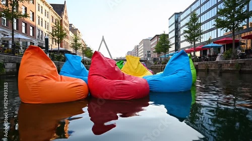 Colorful beanbag chairs float on water near buildings