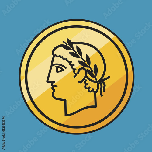 Gold coin with a profile of a person wearing a laurel wreath.