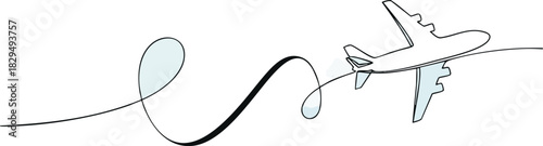 A single continuous line drawing of an airplane's path. World travel and international airline business concept in a simple linear style. Airplane travel. Vector illustration.