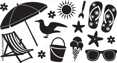 Set of beach icons silhouette for summer holidays
