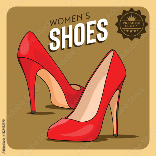 Stylish red high-heel women’s shoes illustration, elegant fashion footwear design, glossy stiletto pumps, premium quality graphic ideal for branding, advertising, retail, and fashion promotions