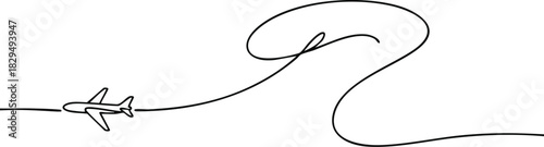 A single continuous line drawing of an airplane's path. World travel and international airline business concept in a simple linear style. Airplane travel. Vector illustration.