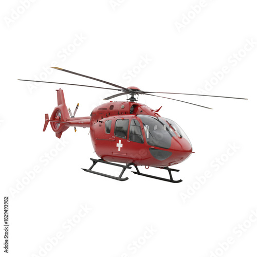 Red swiss air ambulance helicopter in flight against background