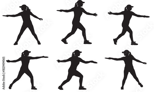 Collection of six dynamic female athlete silhouettes in action poses