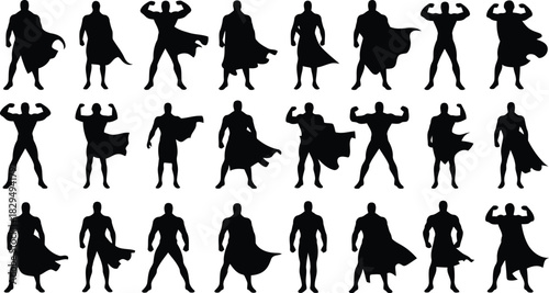 An array of powerful male superhero silhouettes showcasing dynamic poses and dramatic flowing capes on white