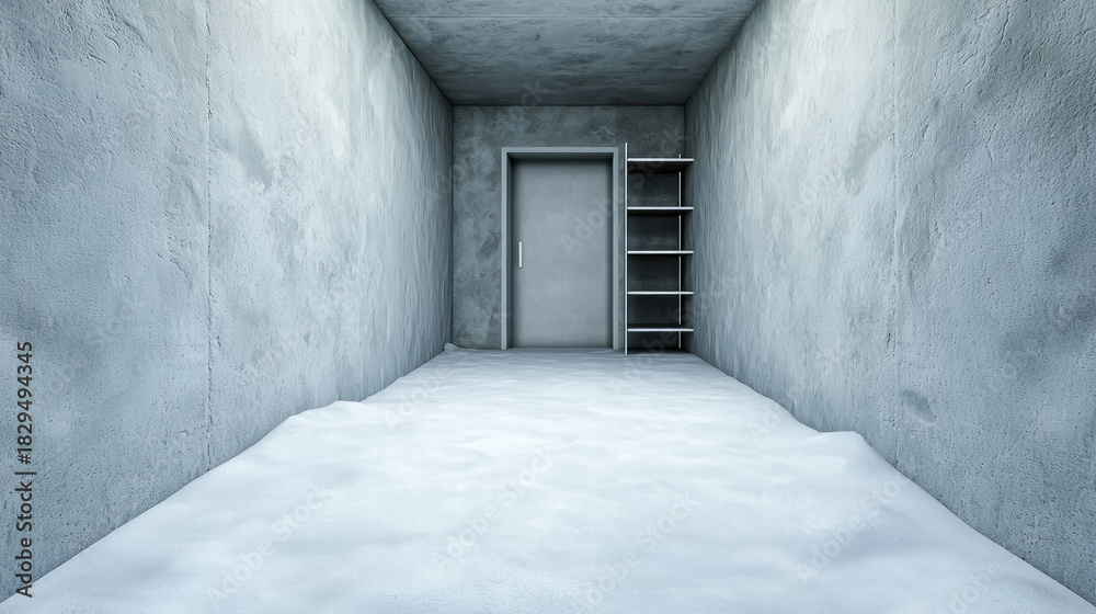 Obraz premium Cold concrete storage room with metal door and empty shelf conveying isolation and minimalism