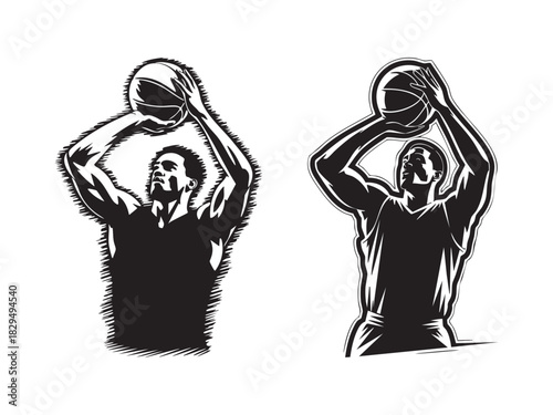 Basketball Shooter Silhouette Icons with Ball Raised in Dynamic Vector Style