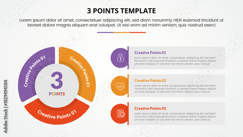 3 points stage template infographic concepts for slide presentation with big pie chart shape and round rectangle box with 3 points list with flat style, circular connection diagram with creative point