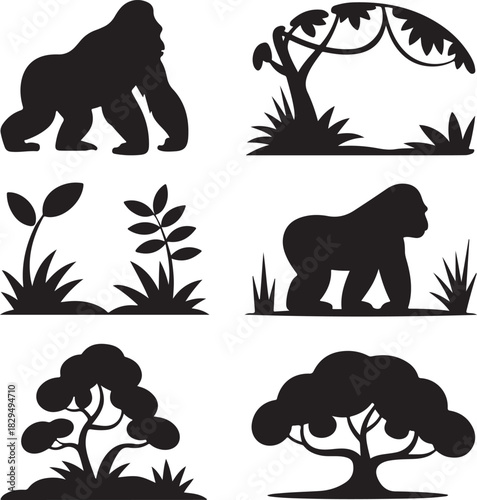 Silhouette illustrations of gorilla and jungle vegetation representing wildlife conservation