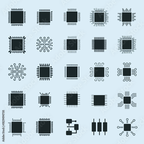 Collection of various electronic components and circuit symbols in black and white