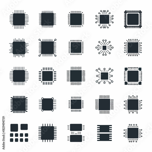 Collection of various electronic circuit board components and microchips in black and white vector illustration