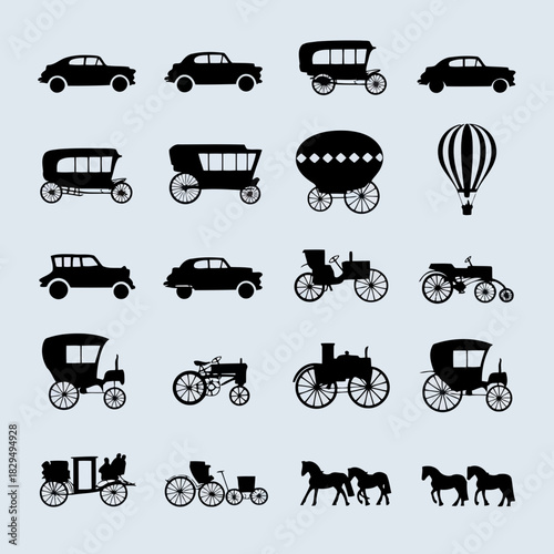 Collection of vintage and modern vehicles including cars, carriages, and a hot air balloon, isolated on