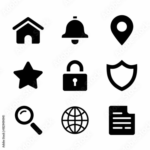 Set of nine black icons representing home, alarm, location, star, lock, shield, search, globe, and document on