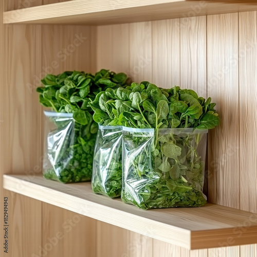 Fresh leafy spinach packed in clear resealable bag on wooden shelf conveying freshness and healthy eating vibe