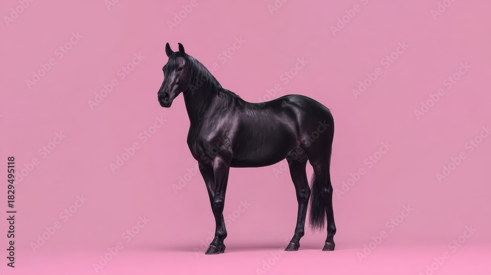 Fototapeta premium Elegant black horse, soft pink background, strong contrast, fashion advertising look, minimalist studio lighting, glossy coat, banner postcard concept, luxury branding.