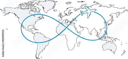 An airplane travels on a continuous line flight path shaped like an infinity symbol across a world map representing endless global journeys