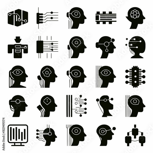 Collection of black and white icons representing human heads with various technological and digital elements