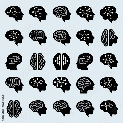 Collection of various brain icons with different designs and patterns, isolated on