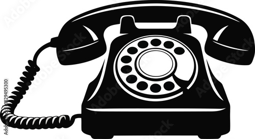 Classic black silhouette of a vintage rotary dial telephone with receiver and coiled cord