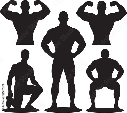 Silhouette of strong bodybuilder men doing exercises and fitness poses
