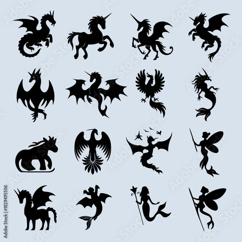 Collection of mythical creatures including dragons, unicorns, and winged beings in black silhouette style