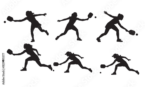 Dynamic silhouettes of tennis players in action with rackets and balls