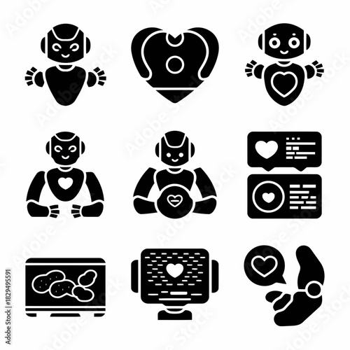 Set of nine black and white icons featuring robots, hearts, and technology elements, including a robot with a heart, a robot holding a heart, a computer with a heart, and more