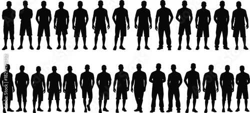 Set of Black Icons Representing Men in Casual Wear, Teamwork, Group, and People Standing Together.