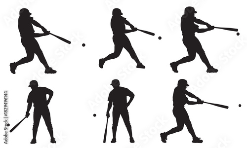 Collection of baseball player silhouettes in action poses