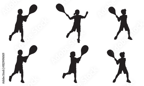 Collection of tennis player silhouettes in various poses with adobe illustrator logo