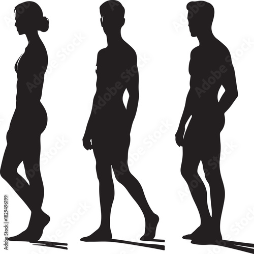 Silhouetted figures in black isolated on white background featuring body positivity